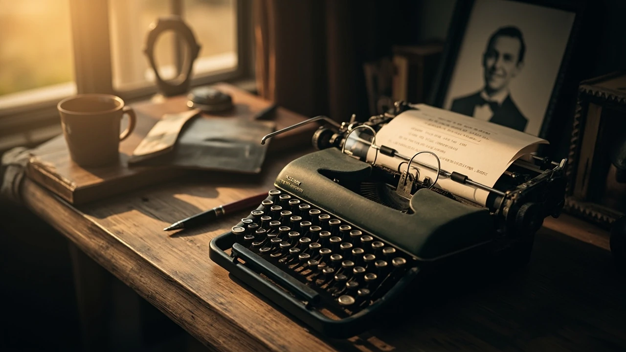 Loriot Zitate – vintage Schreibmaschine mit Zettel und Brille